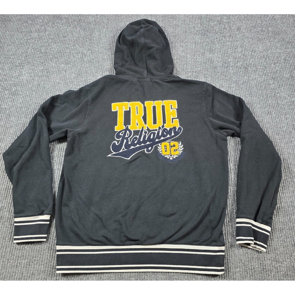 True Religion Hoodie Mens XL Black Collegiate Pullover Embroidered Y2K Varsity‎